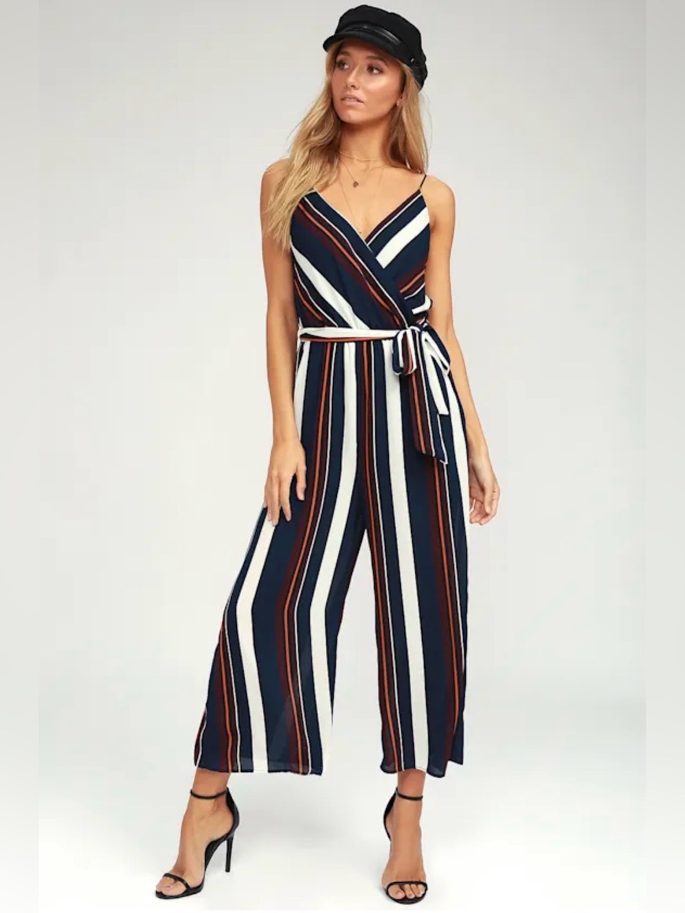 Lulu's Seaside Vibes Navy Blue Striped Culotte Jumpsuit - XS